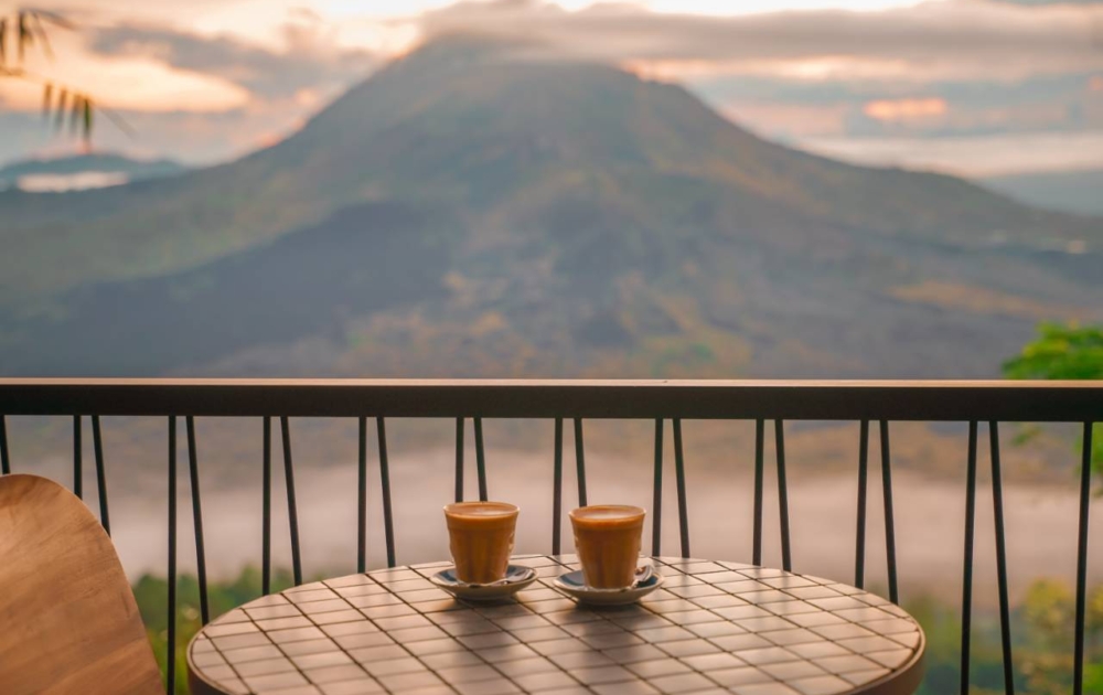 Hot coffee served at a restaurant overlooking Mt Batur Volcano Bali