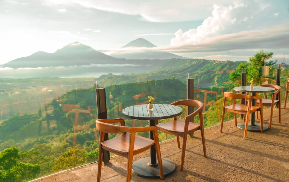 Table with a view of Mt Batur Bali